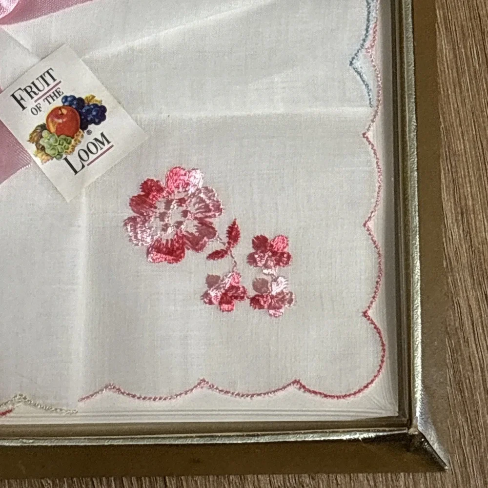 NOS Fruit Of The Loom 3 Ladies Handkerchief Full Size Embroidered Pink Blue Vtg